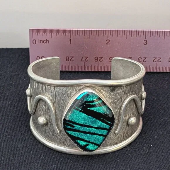 Large & Heavy MAJESTIC Green Sterling Silver Dichroic Glass Bracelet, 2014 made - Picture 3 of 6